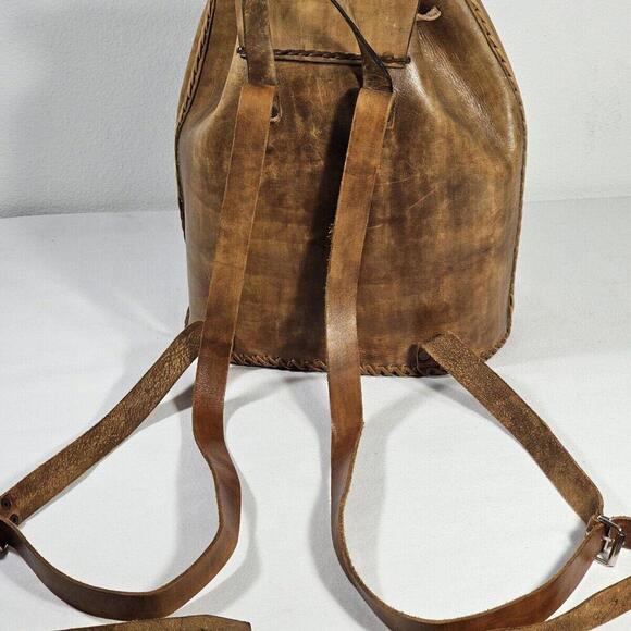 Vintage Handmade In Mexico Sturdy Brown Leather Backpack Cinch & Buckle - Picture 7 of 14